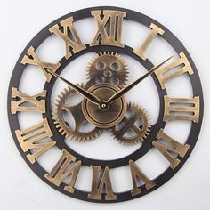 a clock made out of metal gears with roman numerals