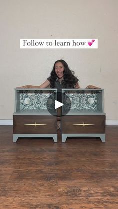 a woman sitting on top of a dresser with the words follow to learn how above her