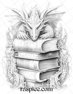 a dragon sitting on top of a pile of books