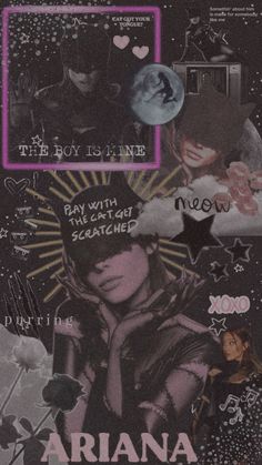 an altered collage with pictures and words on it's side, including the name aria