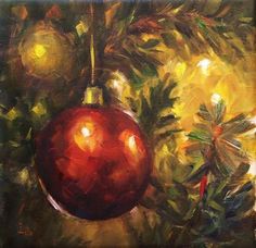 an oil painting of a christmas ornament hanging from a tree with lights in the background