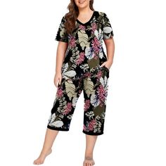 Cueply Women Plus Size Pajamas Set Short Sleeve Pjs V-Neck Sleepwear Capri Set of 2Design---This pair of pajama pants has pockets and elastic waist. All seasons---The soft fabric and capri-length bottoms, for one thing. Furthermore, the short-sleeved tops are breathable and lightweight while being roomy enough to layer. Wash---Don't worry about shrinkage, fading, or threads that come loose. Machine wash in cold water with like colors, and the life of your pajamas will last for season upon season Comfortable Multicolor Sleepwear For Pajama Party, Multicolor V-neck Sleepwear For Loungewear, Black V-neck Sleepwear For Relaxation, Black Floral Print Loungewear Sets, Casual V-neck Sleepwear For Home, Casual V-neck Sleepwear, Casual V-neck Sets For Pajama Party, Casual V-neck Pajama Party Set, Floral Print V-neck Sleepwear For Loungewear