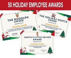 five holiday employee awards with santa's little helper on the front and back