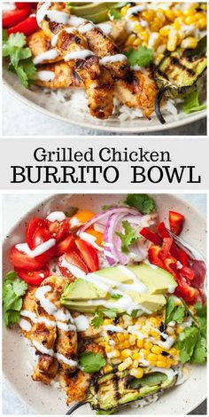 grilled chicken burrito bowl with avocado, tomatoes, corn and cilantro