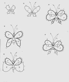 four butterflies with numbers on them and one has the letter e in its center, while two