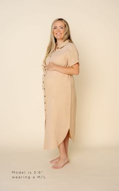 Shop All Colors: HERESizing: XS/S (2-6), M/L (6-10), XL/XXL (10-16) Modest Maternity Dress With Short Sleeves, Flowy Short Sleeve Shirt Dress For Daywear, Flowy Button-up Midi Dress For Daywear, Modest Short Sleeve Maternity Dress For Summer, Chic Short Sleeve Loungewear Dress, Cotton Midi Loungewear Dress, Cotton Midi-length Loungewear Dress, Chic Maternity Midi Dress With Short Sleeves, Cotton Midi Length Dress For Loungewear