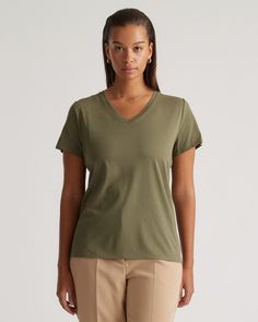 Our soft and stretchy modal cotton blend is wrinkle resistant with a flattering, smooth finish. So, perfect for an easygoing everyday tee.  | Quince | Women's Cotton Modal V Neck T-Shirt in Dark Olive, Size XS, Cotton/Modal Silk Tee, Womens Cashmere, Wide Leg Linen Pants, You Deserve It, Great T Shirts, Cool Tees, Crew Neck Tee, Quince, V Neck Tee