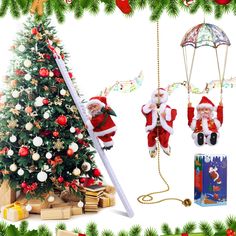 a christmas tree with santas hanging from it's sides and other decorations around it