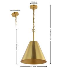 an image of a brass colored pendant light fixture with measurements for the size and width