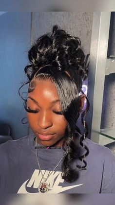 Black Wig Updo Black Women, Updo Style Black Women, Prom Hair Inspiration Curls, Up Due Prom Hairstyles, Cute 90s Updos, 2 Ponytails Half Up Half Down Black Women, Sew In Hairstyles Updo, Wig Hairstyles Ideas Black Women Updo, Updo Weave Black Women