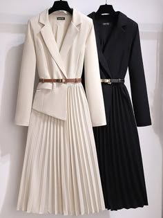 Material: Polyester, Cotton Sample size: S Delicate dry clean Protect accessory before washing Our Style No. ZC_202107 Suit Dress Women, Pleated Long Skirt, Dress Women Elegant, Pleated Midi Dress, Mid Dresses, Belted Dress, Spring Dresses, Skirt Outfits, Pleated Dress