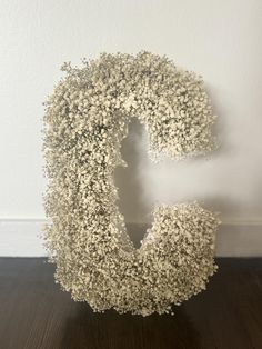 the letter g is made up of small white flowers and sits on a wooden floor