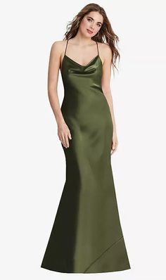 Bias Cut Pre-draped Slip Dress For Wedding, Pre-draped Satin Maxi Dress With Cowl Back, Fitted Bias Cut Slip Dress With Cowl Neck, Green Cowl Back Party Dress, Chic Satin Maxi Dress With Cowl Neck, Green Cowl Back Dress For Party, Chic Formal Maxi Dress With Cowl Neck, Fitted Cowl Neck Maxi Dress For Wedding, Elegant Cowl Neck Maxi Dress For Gala