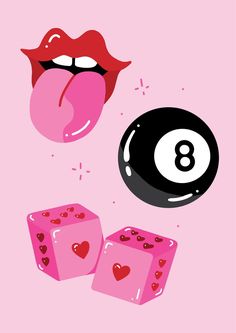 Illustration of a mouth with tongue sticking out, eight ball, and a pair of heart dice. Groovy Poster Art, Dice Illustration Design, 90s Aesthetic Illustration, 8 Ball Illustration, Funky Poster Design, 2000s Illustration, Eight Ball Aesthetic, 50s Graphic Design, Disco Quotes