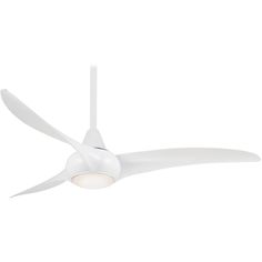 a white ceiling fan with two blades on the top and one light on the bottom