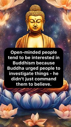 buddha quote with lotus flowers in the foreground and an image of a buddha statue behind it