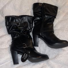 Black Heel Boots. Wide Calf Size 6 1/2. Brand New With Tags I Just Don’t Wear High Heels Black Heeled Boots With Buckle Closure For Spring, Winter Moto Boots For Night Out, Spring Black Mid-calf Boots, Black Mid-calf Heeled Boots For Spring, Spring Black Mid-calf Heeled Boots, Black Faux Leather Mid-calf Boots, Casual Black Mid-calf Boots With Stacked Heel, Black Mid-calf Boots Medium Width, Ankle-high Black Calf Leather Heels