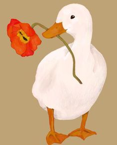 a painting of a duck with a flower in its beak