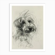 a black and white drawing of a dog's face