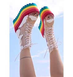 Current Mood Happy Daze Platforms | Dolls Kill Summer Lace-up Platform Boots, Multicolor High-top Platform Boots, Rave Wings, Rave Light, Rave Shoes, Light Up Clothes, Cloud Rainbow, Mood Happy, Rave Accessories