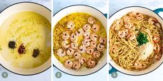 three pictures showing how to make shrimp pasta