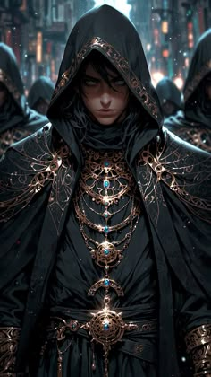 an image of a woman in black with hoods and jewels on her shoulders, standing in the middle of a city at night