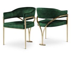 a pair of green velvet chairs with gold metal legs and armrests, viewed from the front