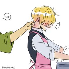 a person with blonde hair is washing another persons'hands in a sink while wearing an apron