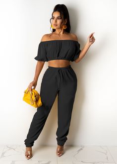 Summer New Arrivals Solid Color Off Shoulder Short Sleeve Crop Top Long Pants Two Piece Set Blue Two Piece, Azul Real, Two Piece Pants Set, Elastic Waist Shorts, Short Sleeve Cropped Top, Casual Sets, Off Shoulder Tops, Two Pieces, Lady In Red