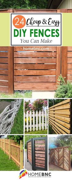 several different types of wooden fences in various stages of construction and installation, including wood slats