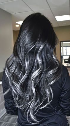 Black Hair With Silver Lowlights, Long Black And Silver Hair, Black Hair With Streaks Of Blonde, Black Lowlights In Light Brown Hair, Black Hair Silver Extensions, Black Hair Platinum Balayage, Black To Grey Balayage, Black With Low Lights Hair, Black Hair With Dark Grey Highlights