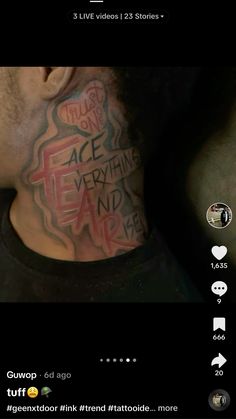 a man with tattoos on his neck has the words face everything wrong in front of him