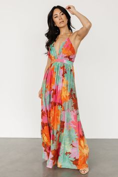 Tropical V-neck Sundress For Brunch, Spring Strappy Lined Dresses, Lined Strappy Spring Dresses, Spring Strappy Dress, Tropical Floral Print Maxi Dress With Spaghetti Straps, Multicolor Tie Back Maxi Dress For Garden Party, Multicolor Maxi Dress With Tie Back For Garden Party, Multicolor Tie-back Maxi Dress For Garden Party, Spring Tropical Maxi Dress With Spaghetti Straps