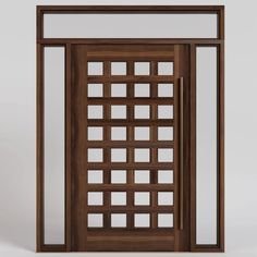 an open wooden door with lattice design on the glass and wood frame, in front of a white background