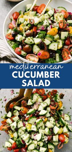 a salad with cucumber, tomatoes and other vegetables is shown in two different bowls