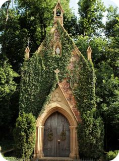 an old church with ivy growing all over it's roof and door, surrounded by trees