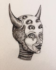 a drawing of a woman's head with horns