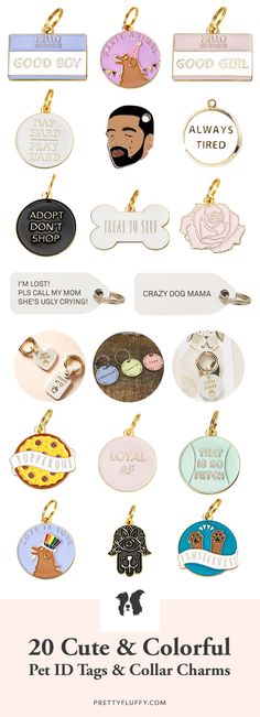 a bunch of different types of luggage tags on a white background with text that reads 20 cute and colorful pet tags & collar charms