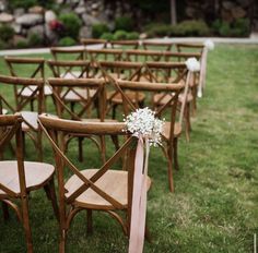 rows of wooden chairs with pink sashes and baby's breath flowers