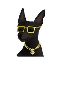 a black dog wearing sunglasses and a yellow chain