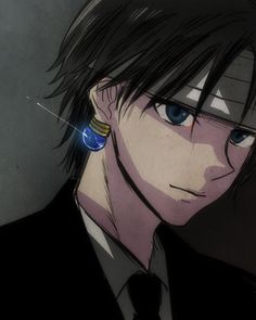 an anime character with black hair and blue eyes wearing a suit, tie and earrings