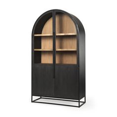 an arched bookcase with wooden shelves and black metal frame, against a white background