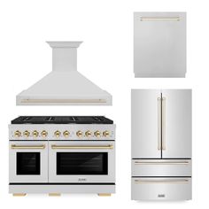 a white stove top oven sitting next to two refrigerators and a freezer combo