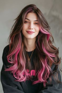 33 Pink Balayage on Brunette Hairstyle Ideas That Are Perfectly Pretty Pink Balayage Brunette, Balayage On Brunette, Black Pink Hair, Pink Hair Highlights, Pink Balayage, Brunette Roots, Rambut Brunette, Pink Streaks, Pink Ombre Hair