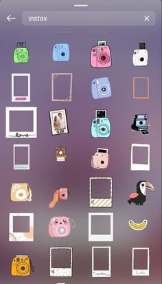 an iphone screen with various stickers on the front and back of it, including polaroid frames