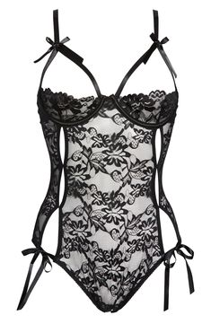 Leave little to the imagination in this seductively sultry lace teddy styled with tempting open cups and a daring open gusset. Back hook-and-eye closure; ties behind back Adjustable straps 90% polyamide, 10% spandex Hand wash, dry flat Imported Lingerie Lace Bodysuit With Built-in Bra For Night Out, Lace Underbust Corset With Adjustable Straps, Lace Corset With Lace Closure For Night Out, Lace Corset With Adjustable Straps And Underwire, Backless Bodysuit With Lace Closure For Party, Party Backless Bodysuit With Lace Closure, Backless Nylon Bodysuit With Straps, Elegant Bodysuit With Adjustable Straps For Night Out, Party Bodysuit With Adjustable Straps In Nylon