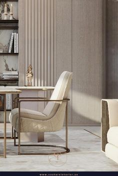 a living room with a chair and table in it, next to a bookshelf