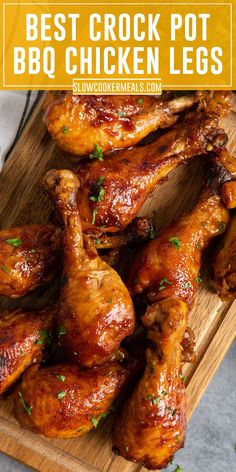 Crock pot barbecue chicken legs on a wood cutting board. Bbq Chicken Legs Crockpot, Chicken Leg Slow Cooker, Crockpot Chicken Leg Recipes, Bbq Chicken Legs, Slow Cooker Bbq Chicken, Bbq Chicken Crockpot, Chicken Crockpot Recipes Easy, Chicken Leg Recipes