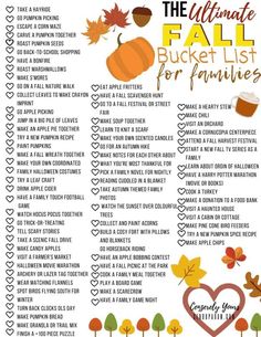 the ultimate fall bucket list for families is shown in this printable poster with autumn leaves, acorns and pumpkins