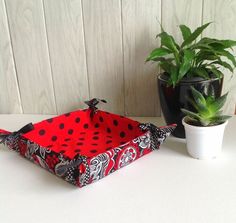 a red and black patterned tray next to a potted plant on a white table